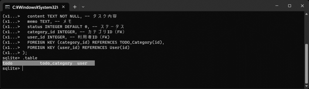 【flaskその１】テーブル作成完了